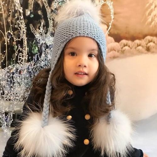 YOLOAgain winter warm kids real fox fur pompoms hat boys girls natural raccoon fur pompom hat baby cute knited beanie hat