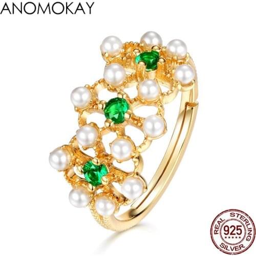 Anomokay Dropshipping HOT Nano Green CZ Gold Rings for Women Girlfriend Mom Gift 925 Sterling Silver Hollow Flower Pearl Ring