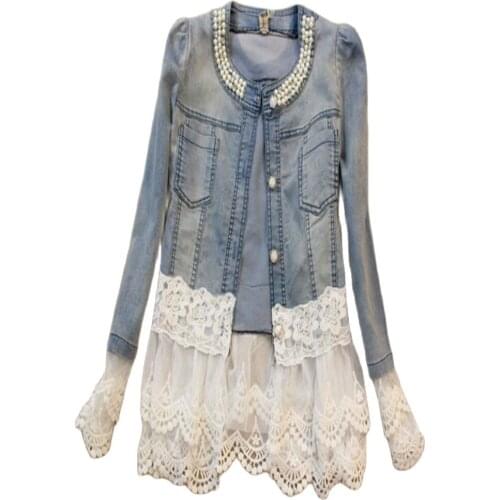 Plus Size 5Xl Elegant Floral Lace Thin Short Patchwork Slim Female Outerwear Beaded Denim Jackets Washed Female Jeans Coats