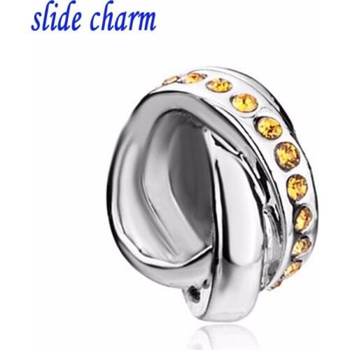 Slide charm Free shipping Valentines talisman yellow crystal ring fashion charm beads fit Pandora bracelet