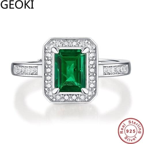 Geoki Passed Diamond Test 1 CT 5*7mm Emerald Ring 925 Sterling Silver Rectangle Green Gemstone Wedding Ring Luxury Jewelry