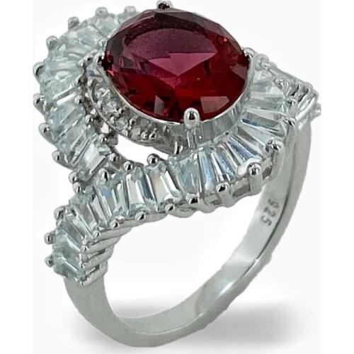 İtaly Oval Ruby Baguette Zircon 925 Sterling Silver Ring