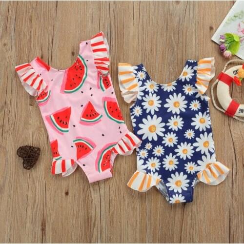 Summer Kids Girls Swimsuit Children Cute Daisy/Watermelon Printing Fly Sleeve Lace Swimwear Beachwear