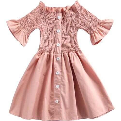 2-7Y Toddler Kids Baby Girl Summer Dress Off Shoudler Shirring Stretch Solid Color Button Princess Girls Dresses Clothes