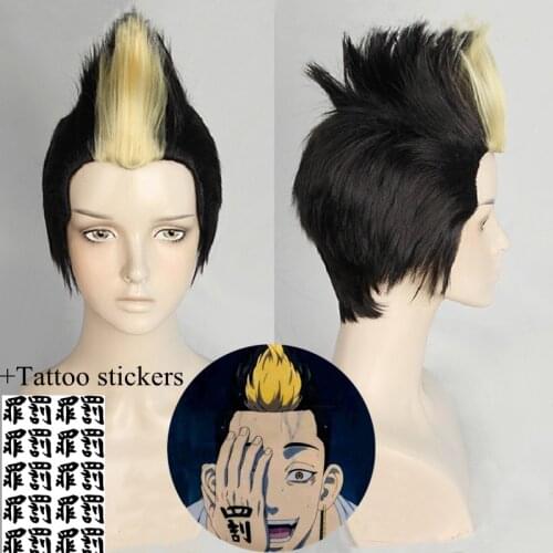 Anime Tokyo Revengers Hanma Shuji Cosplay Wig Golden Black Heat Resistant Synthetic Hair + Wig Cap