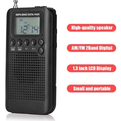 Portable AM/FM Stereo Radio HRD-104 Pocket 2-Band Digital Tuning Radio LCD Display Mini Receiver w/ Earphone Lanyard Outdoor