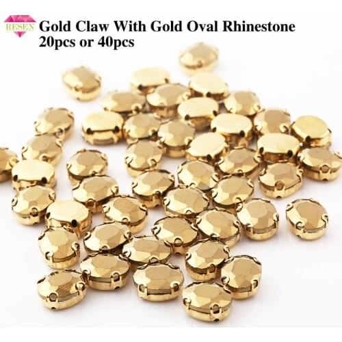 RESEN Sell at a loss 20PCS Gold Sew-On Rhinestone Oval Shape Crystal Aurum Stones With Gold Claw For Diy Clothing Dress