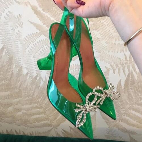 Green PVC Crystal Women Sandals Runway Rhinestone Strange Heeled Slingback Party Shoes Fashion high heels Bride Wedding Shoes