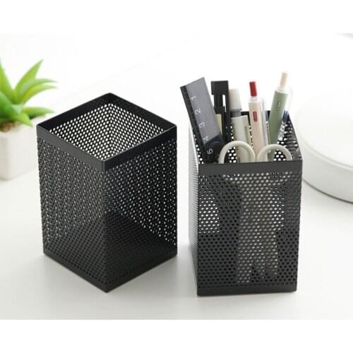 Black thickened square simple mesh pen container, multi-functional iron mesh pen container storage box, office table decoration