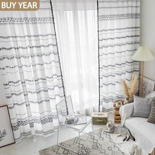 Nordic Curtains for Living Dining Room Bedroom Bohemian Modern Geometric Black Imitation Cotton and Linen Printed Curtains