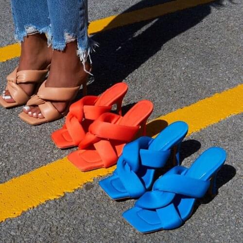 2021 New Super High Heels Pumps Slippers Women Soild Cross Tied Ladies Pumps Shoes Square Toe Thin Heels Shoes Female Footwear