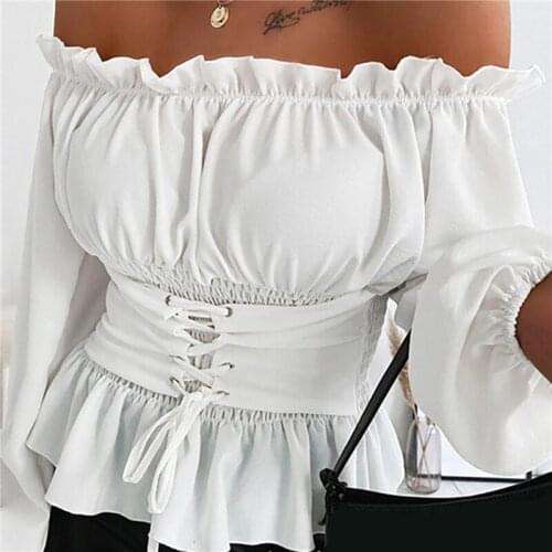 Ladies Summer Blouse Off Shoulder Lace Up Front Ruffles Female Casual Blouse Tops Spring Tops Blouses