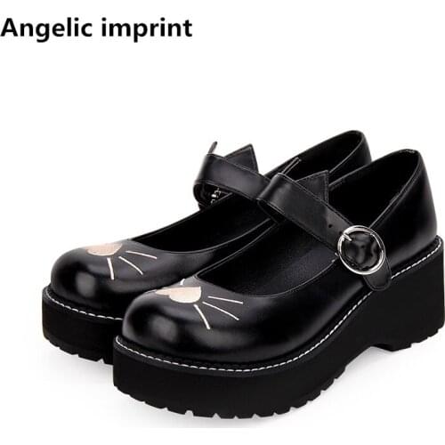 Angelic imprint woman mori girl lolita cosplay shoes lady high wedges heels Pumps women princess dress party shoes cat face 47