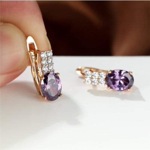 Charm Purple Zircon Hoop Earrings Vintage Rose Gold Engagement Earrings Luxury Crystal Oval Stone Earrings For Women Bridal Gift