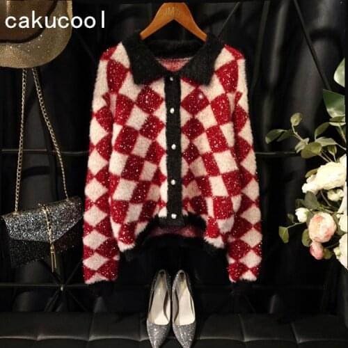 Cakucool Women Shiny Lurex Sweater Bling Single Breasted Open Stitch Slim Plaids Color Patch Vintage Cardigans Sweaters Lady