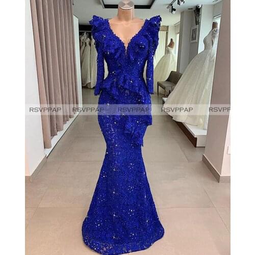 Royal Blue Long Mermaid Evening Dresses 2021 Abendkleider Exquisite Beaded Lace Long Sleeve Women Formal Gowns robe de soiree