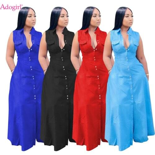 Adogirl Faux Jeans Design Plus Size Women Maxi Dress XL-5XL Turn Down Collar Sleeveless Pockets Fit Flare Long Shirt Vestidos