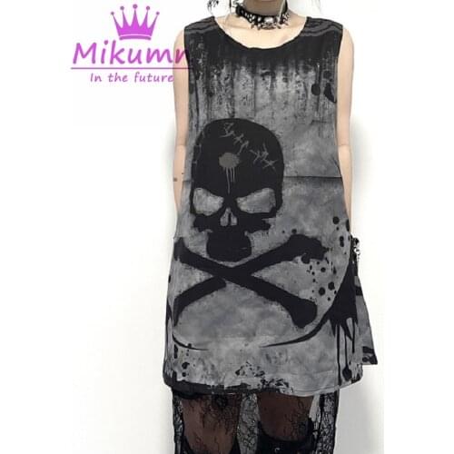 Gothic Rock Punk Vintage Skull Print Sleeveless Vest Dress Women Streetwear