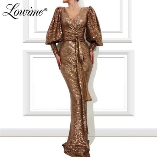 Mermaid V Neck Formal Dress Sequins Dubai Party Gown 2020 Long Sleeves Evening Dress Abendkleider Arabic Prom Dresses Vestidos