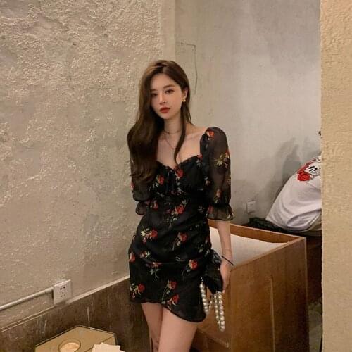 2021 new French Green Floral Dress Women Sexy V-Neck Chiffon Korean Elegant Sweet Dress Casual Backless Party Mini Dress Summer