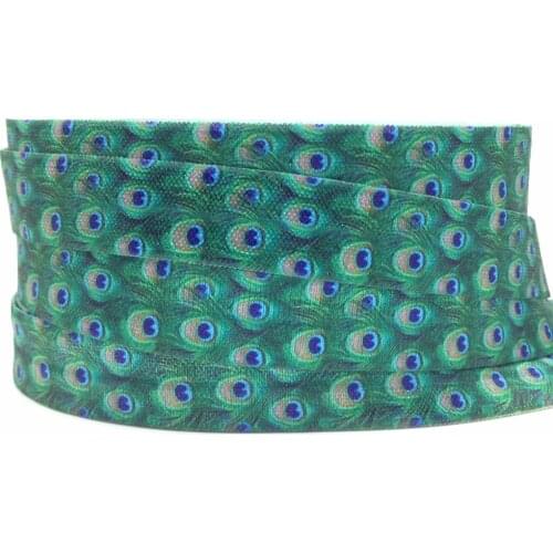 5/8" Green Peacock Feather Print Fold Over Elastic FOE Ribbon Diy Sewing Bows Party Decoration Gift Wrap 10 yards