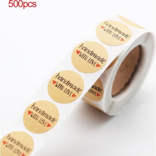 500pcs Handmade With Love Red Heart 1 inch Kraft Labels Gift Box Paper Stickers For DIY Manual Decoration Gift Card/Gift Box Etc