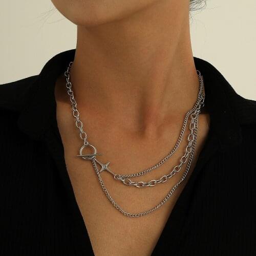 Asymmetry Silver Color Chains Necklaces for Women OT Buckle Rhinestone Star Charm Clavicle Chains 2021 Fashion Jewelry New