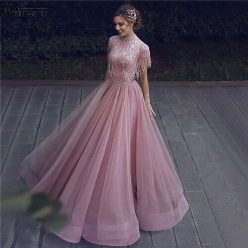 Pink Tassel Beaded Sparkly Elegant Prom Gowns A-Line Tulle Muslim Evening Dresses 2020 High Neck Short Sleeves Formal Dress Long