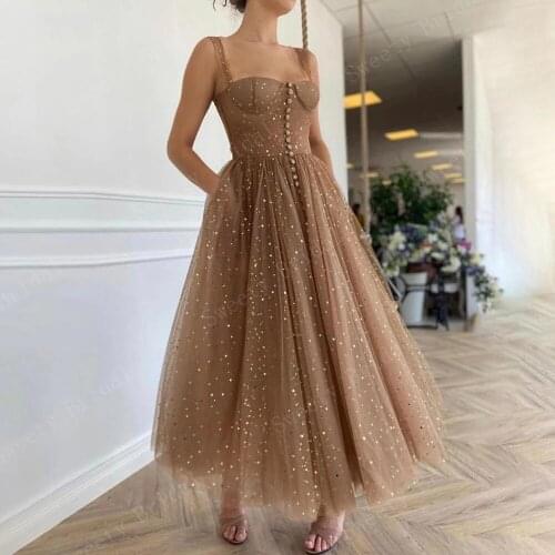 Sparkly Coffee Short Prom Dresses Straps Starry Tulle Buttoned A-Line Evening Dresses Open Back Tea-Length Formal Gowns