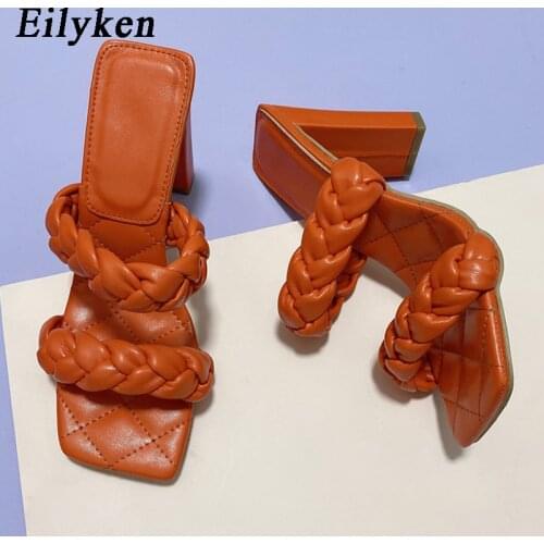 Eilyken Fashion Handwork Weave PU Leather New Women Slippers Sexy Open Toe Mules Slides Summer Square High Heels Ladies Shoes