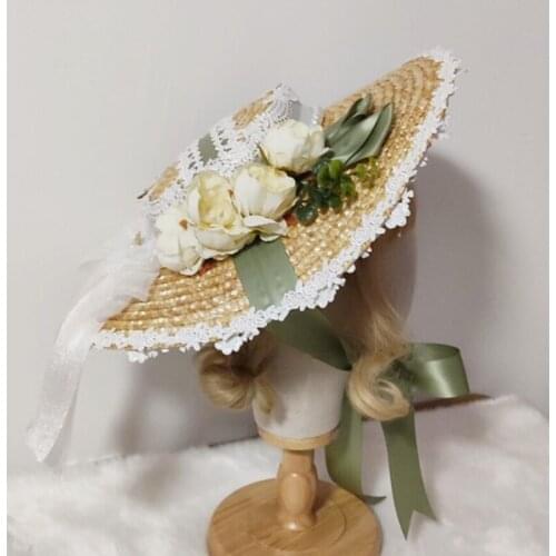 Women Girls Straw Cap Lolita Lightweight Caps Rural Girls Tea Party Hollow Lace Embroidery Lady Daily Accessories S06 21