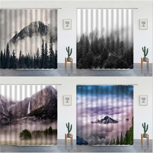 Forest Landscape Shower Curtains Psychedelic Fog Mountain Tree Scenery Bathroom Decor Bathtub Screens Washable Polyester Fabric