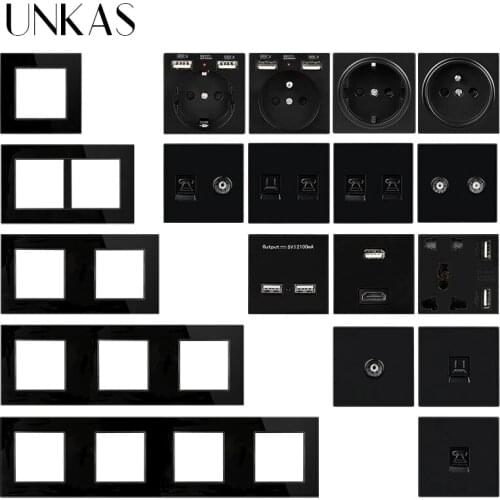 UNKAS Black Glass Panel Modules DIY Combination Free Matching French EU Socket Dual USB TV RJ12 Telephone RJ45 Computer Outlet