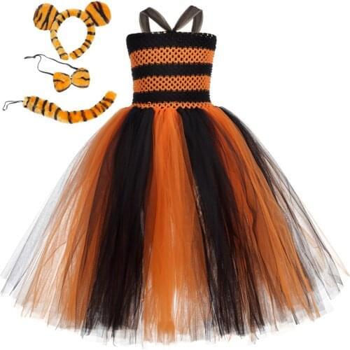 Orange Black Tiger Costumes for Girls Princess Dresses for Teenagers Kids Halloween Christmas Costumes Animal Children Clothes