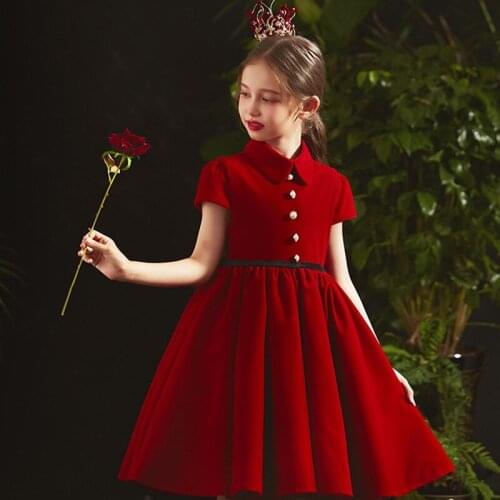 Flower Girls Dresses Polo Collar Toddler Girls Burgundy Christmas Pageant Long Short Sleeve Little Girls Kids Party Ball Gown
