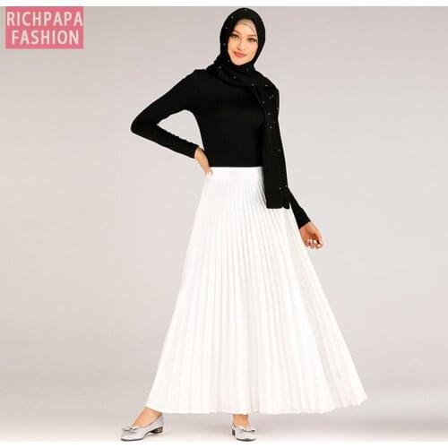 Pleated Muslim Skirt Women Bottom Kaftan Abaya Turkey Islamic Moslim Skirts Elbise Musulman Vetement Femme Dubai Jupe Musulmane