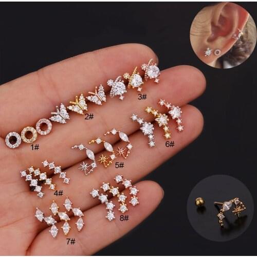 1Pc Stainless Steel Piercing Jewelry Fashion Zirconia Cartilage Ear Tragus Conch Lobe Screw Back Stud Earring