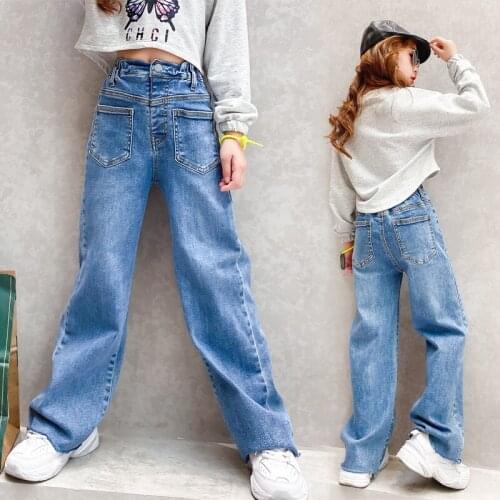Wide Leg Pants Girls High Waist 2021 Childrens Loose Drape Straight-leg Jeans Girls All-match Drop-feeling Mopping Trousers