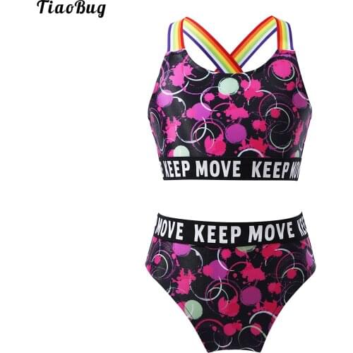 TiaoBug 2Pcs Kids Girls Swimwear Straps Open Back Print Crop Tops And Briefs Set Beach Pool Swimming Bathing Bikini Swimsuit