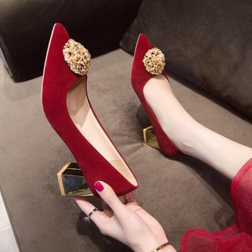 New Women Wedding Shoes Chinese Red Pointed Toe Flock Leather High Heel Shoes Banquet Slip on Soft Sole Wedding Shoe Dress Shoes