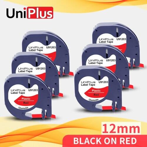UniPlus 6PK Compatible Dymo Label Printer Letratag Label Tape 91203 Black on Red 12mm for Dymo Tape LT Label Maker 91333 91223