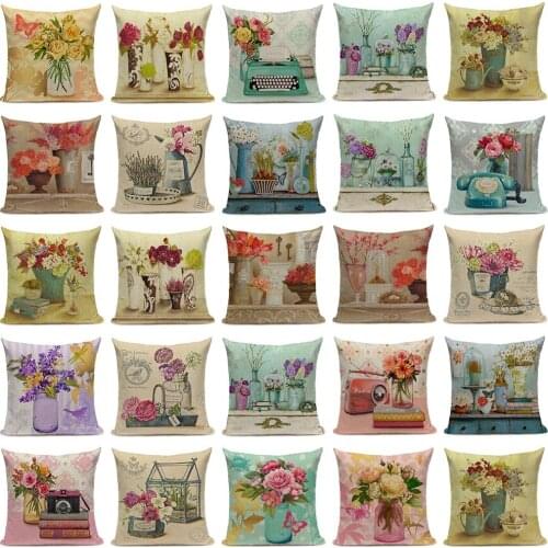 Vintage Floral Pattern Printed Throw Pillow Cover Linen Decorative Cushion Case For Home Sofa Living Room Bedroom Decor
