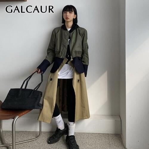 GALCAUR Hit Color Windbreakers For Women High Waist Long Sleeve Streetwear Casual Loose Trench Female 2021 Autumn Clothing Tide