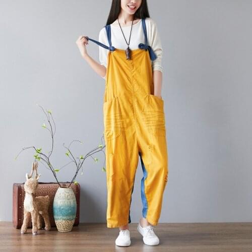 #0329 Spring Summer Split Joint Adjustable Holes Distressed Denim Overalls For Women Thin Vintage Pockets Wide Leg Jumpsuits