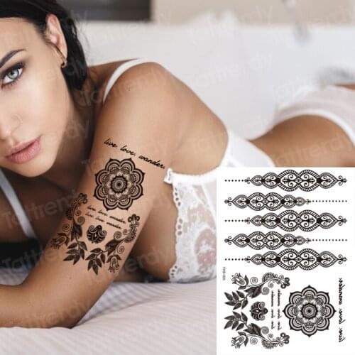 Women Girl Big Arm Owl Fake Tattoo Temporary Mandala Flower Henna Lace India Tatoo Stickers Custom Black Turtle Tattoos Girls