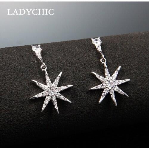 LADYCHIC High Quality Crystal Stars Silver Color Drop Earrings Elegant Temperament Women Rhinestone Jewelry Dropshipping LE1348