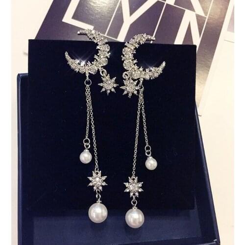 Womens Moon and star Luxury shining full Crystal Long pendant drop Earrings Pearls S925 needle anti-allergy trendy Earrings