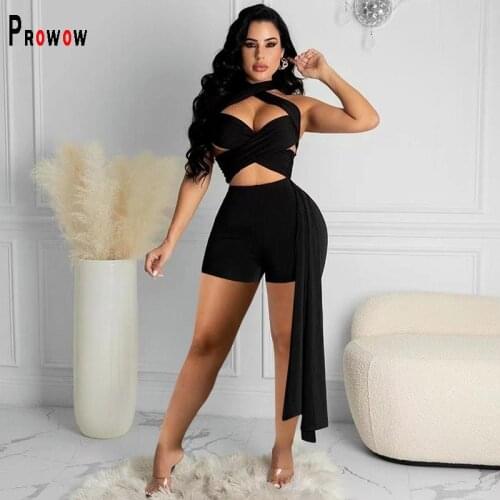 Prowow Fashion Women Playsuits One Piece Hollow Out Sexy Romper for Lady 2021 New Summer Halter Solid Color Female Clothing