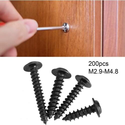 200Pcs M2.9-M4.8 Round Head Self-tapping Screws Abrasion-resistant Carbon Steel Assorted Black Screw Set for Repairing Works