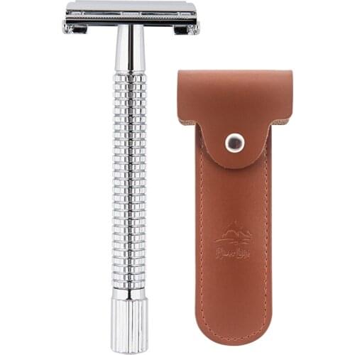 WEISHI 9306FL leather 11.5cm Long Handle Chrome Silver plated Double Edge Safety Razor with 5pcs blade